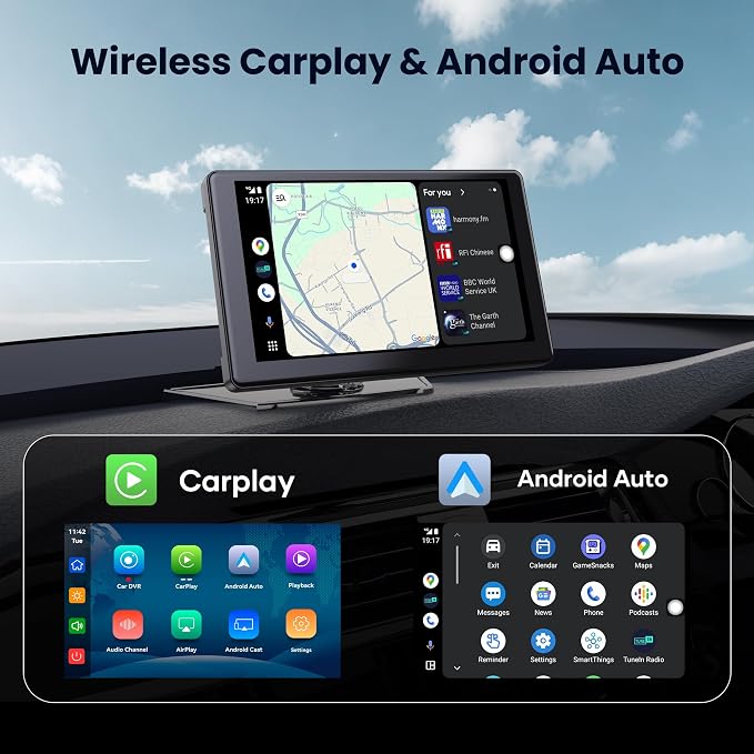 9" Wireless Apple CarPlay & Android Auto Screen for Car | 4K Dash Cam, 1080P Backup Camera, GPS Navigation, Mirror Link, Voice Control, Bluetooth – Fits All Vehicles