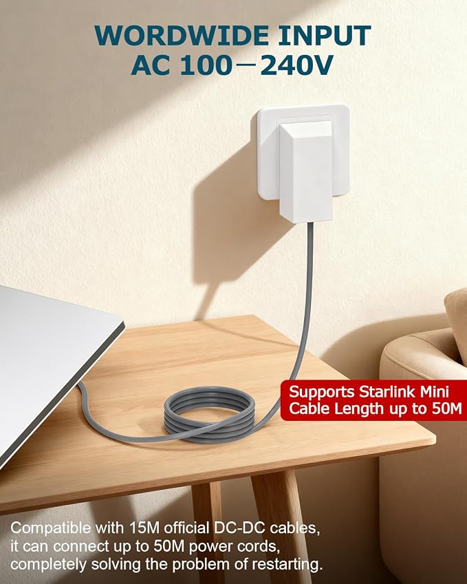 Starlink Mini Power Supply Adapter 30V 2A 110V-240V AC to DC Chager Adapter for Starlink MINI 12V Power Cable Wall Plug 60W Fast Charger Waterproof, Compatible with Star Link Mini DC Cord