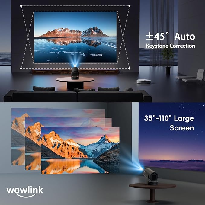 [Built-in Apps & 2026 Upgraded] Mini Projector with WiFi 6 and Bluetooth 5.4 Support 4K 1080P Auto Keystone 180° Rotatable Projector Portable Compatibile with HDMI/TV Stick/Memory Stick/Laptop, Dark