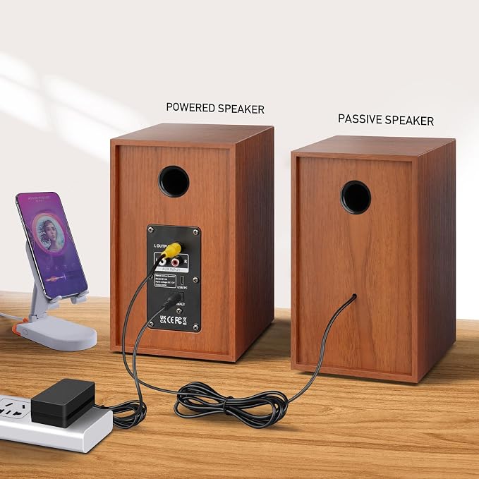 Elimavi Powered Bluetooth 5.3 Bookshelf Speakers - 60W Record Player Speakers with 4" Carbon Fiber Woofer & USB-C/RCA Input, Wooden Monitor Speakers for Turntables, PC, TV, Gaming, Brown