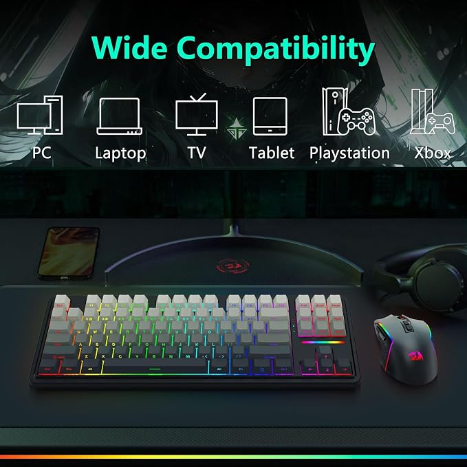 Redragon Wireless Mechanical Keyboard and Mouse Combo, Bluetooth/2.4Ghz/USB-C Wired, RGB Backlit, TKL Creamy Gaming Keyboard with Hot Swappable Linear Switches + 12800 DPI Gamer Mouse