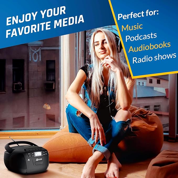 KLIM CD Player & Cassette Tape Player with Case, Bluetooth Boombox, AM/FM Radio, Stereo Sound, Remote, CD and Cassette Combo, Tape Recording, USB Drive, AUX, AC/DC Powered