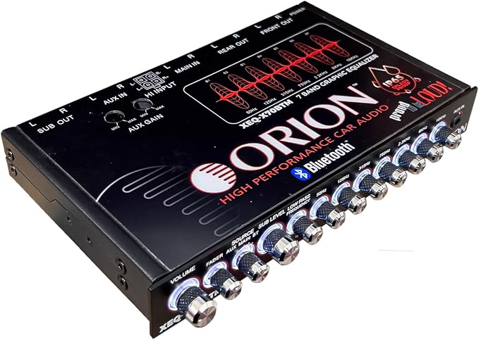 Orion XEQ-X70BTM 7-Band Graphic Equalizer W/Bluetooth -Marine Grade IPX5 Rated, Subwoofer Control, Front 3.5mm AUX Input, Rear RCA, High Level Speaker Input, Half-DIN Size for Boats, ATVs, UTVs, Cars