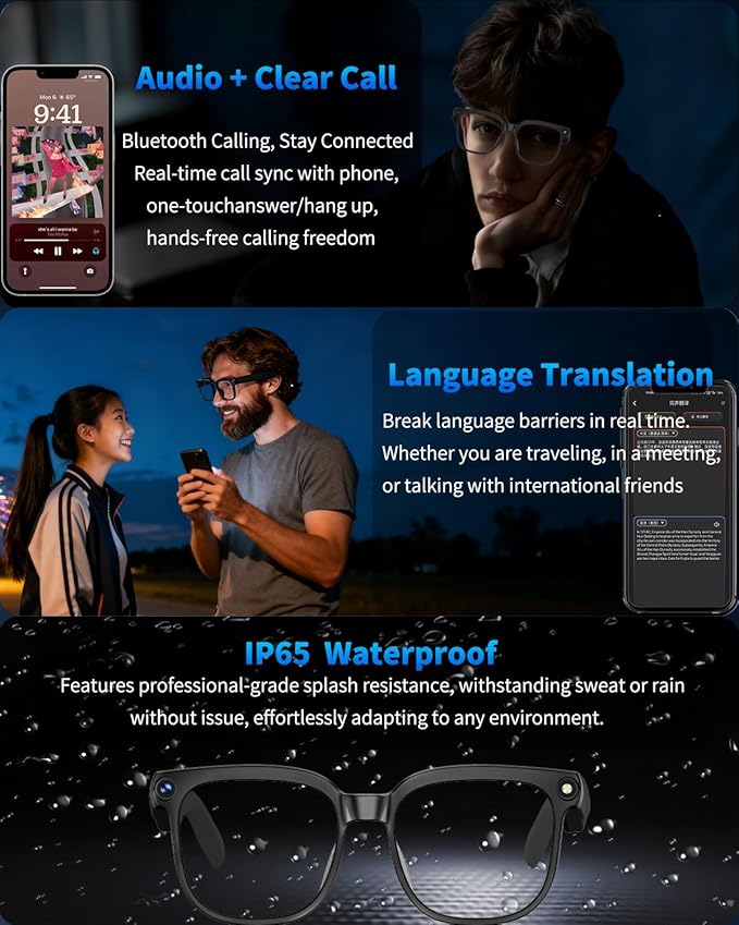 800W Ai Smart Glasses with Camera 1080P HD Video Recording, AI Translator for 160 Languages, GPT Object Recognition, Bluetooth Audio, Photochromic Lenses, 290mAh Long Battery for Travel Sports