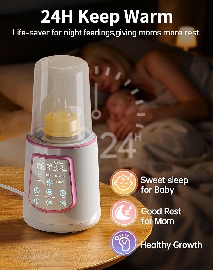 12 in 1 Fast Baby Bottle Warmer with Even Heating No Hot Spots, Night Mode, Sterili-zing,Constant Temp Milk Warmer for Breastmilk & Formula, Fits All Bottles Pink