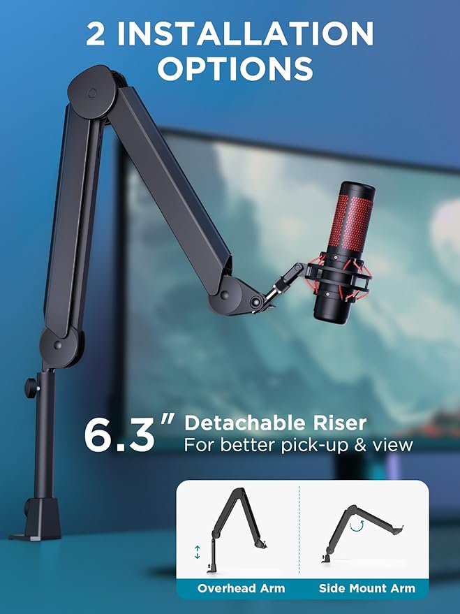 InnoGear Mic Stand Set, Boom Arm & Boom Arm with Cable Management Channels Height Riser for Blue Yeti FIFINE AM8 K669B HyperX QuadCast S SoloCast AT2020 Shure SM7B MV7 and Other Mics