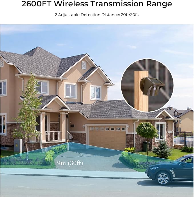 eMACROS Solar Wireless Driveway Alarm System (1/2 Mile Range, 1 Receiver & 4 Solar Sensors) - Weatherproof Outdoor Motion Detector for Farm, Long Driveway & Property Security
