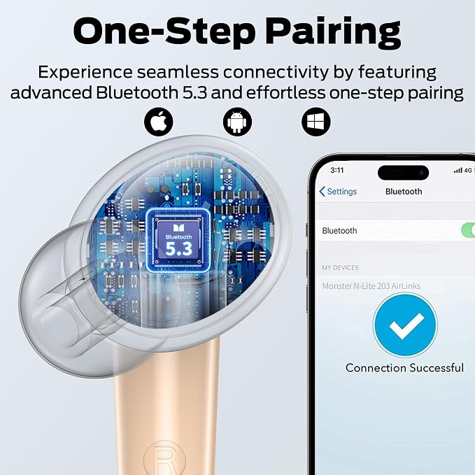 Monster N-Lite 203 AirLinks Wireless Earbuds, Bluetooth 5.3 Headphones HiFi Stereo, Wireless Earphones with HD Clear Call, 30H Playback, Touch Control, Type-C Charging, IPX6 Waterproof in-Ear Earbuds