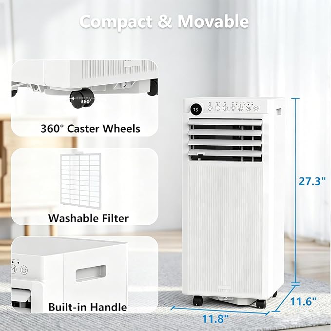 Electactic 8000 BTU Portable Air Conditioners, 4-in-1 Portable AC Unit Up to 350 Sq.Ft., Air Conditioner Portable with Cool, Fan, Dehumidifier, Auto Drain, 24H Timer, Remote & Window Kit, for Bedroom