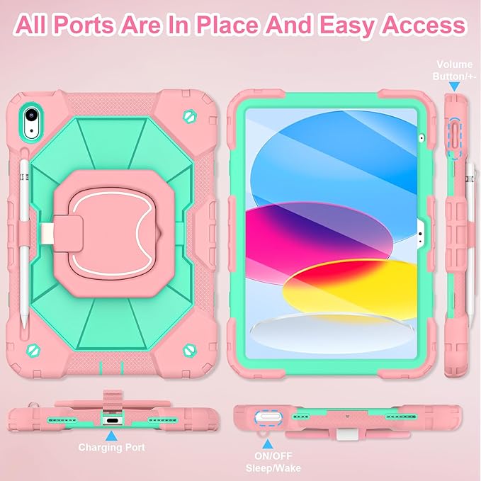 WESOROL Case for iPad (A16) 11th/10th Generation 2025/2022 with Screen Protector 360 Rotating Stand Pencil Holder iPad Case10th Generation Shockproof Cover for iPad 11th/10th Gen Case,Rose Mint