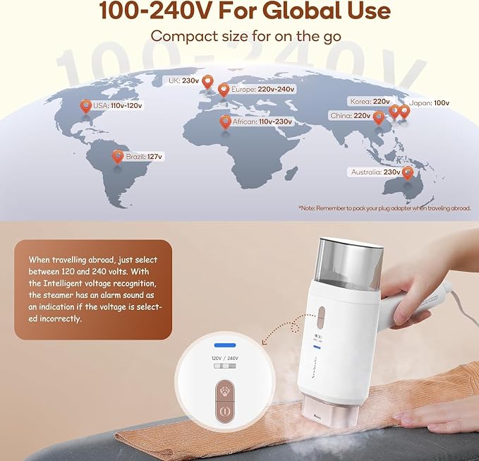Newbealer Pro Business Travel Steamer, 1200W Dual Voltage, 180ml (Gold) | Foldable & 20s Fast Heat, 360° Anti-Spill Garment Steamer, Solid 1.72 lbs, Auto-Off, for Global Business Trip/Hotel/Office