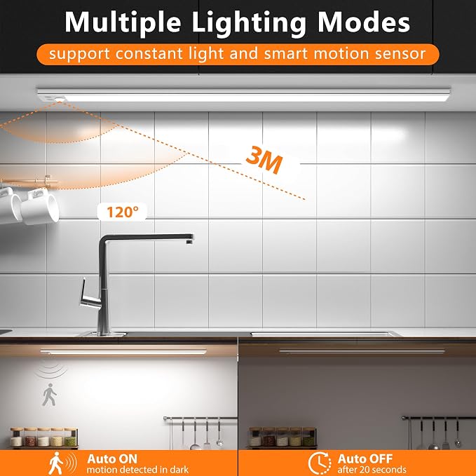 60cm Ultra Thin Under Cabinet Lights, 106 LED 5000mAh Motion Sensor Lights Indoor, 3 Color Stepless Dimming Rechargeable LED Lights for Cupboard, Kitchen
