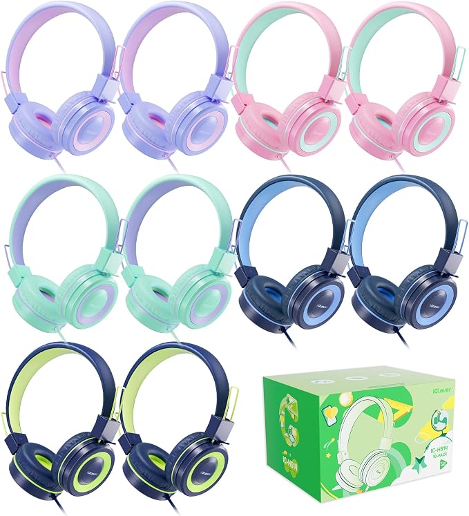 iClever Kids Headphones for School K-12, Tangle Free, 3.5mm Jack, HD Stereo, Swivel Folable Kids On Ear Headphones with Cord for Classroom/Student/Tablets/Laptop, Bulk 5Pack (Colorful 10PACK)