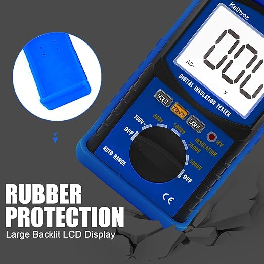 Digital Megohmmeter, Kethvoz 500V/1000V/2500V/5000V Insulation Resistance Tester, Auto Range Megohm Meter 1MΩ~2GΩ, Testing AC Voltage 750V,Data Hold Backlit LCD for Heat Cable HAVC Motor Winding