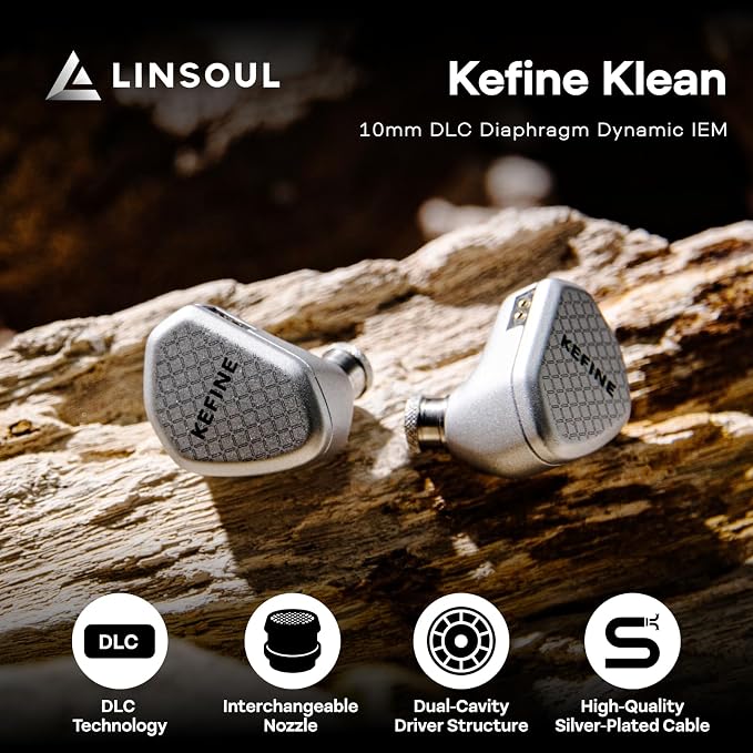 Linsoul Kefine Klean in Ear Monitor,10mm DLC Diaphragm Dynamic Driver HiFi Earphones,Wired Gaming Earbuds,Replaceable Nozzles,Detachable Silver-Plated Cable for Audiophile (No Mic 4.4mm, Silver)