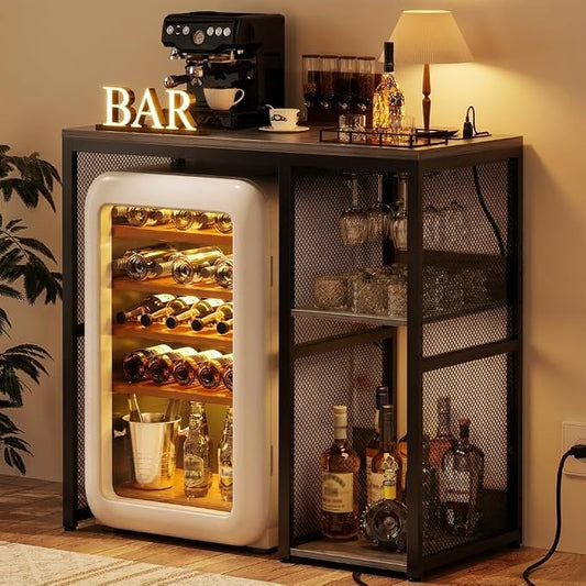 Homieasy Mini Fridge Cabinet with Power Outlet, Coffee Bar Cabinet with Mini Fridge Space, Industrial Liquor Cabinet with Wine Storage & Glass Holder for Dorm, Living Room, Home Kitchen, Light Oak