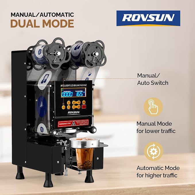 OlymStore Cup Sealing Machine, Cup Sealer Machine Full Automatic, Electric Cup Sealing Machine 500-600 Cups/H, Bubble Tea Machine with Digital Control LCD Panel for Bubble Milk Tea Coffee Black