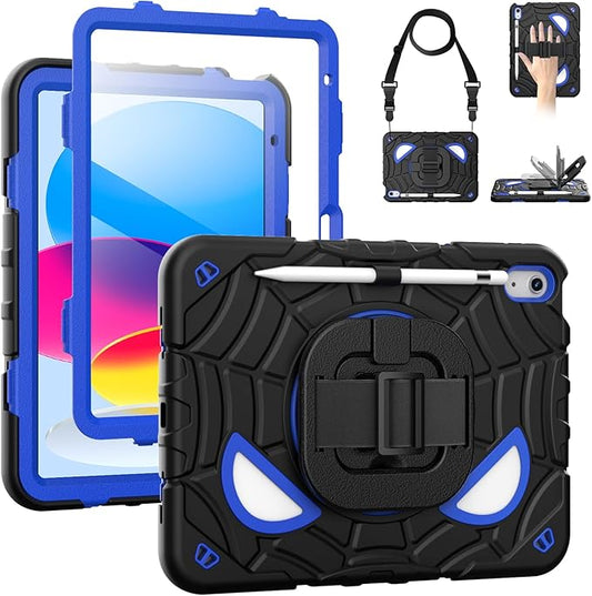 Grifobes Case for iPad A16 11th/10th Generation 2025/2022 11/10.9 inch, Full Body Protection with Screen Protector/Pencil Holder/Stand,Hand/Shoulder Strap for i Pad 11/10.9 Cover Black+Blue