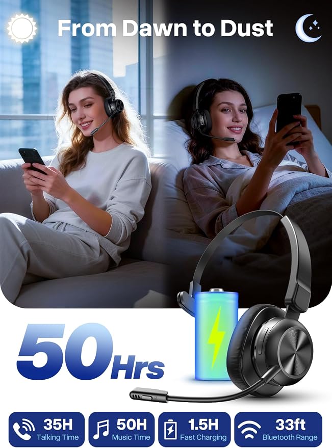 Bluetooth Headset with USB Dongle, Trucker Bluetooth Headset with AI Noise Cancelling Microphone & Mute Button, 50Hrs Single Ear Wireless Headphones for Truck Driver Phone Computer PC Office Work