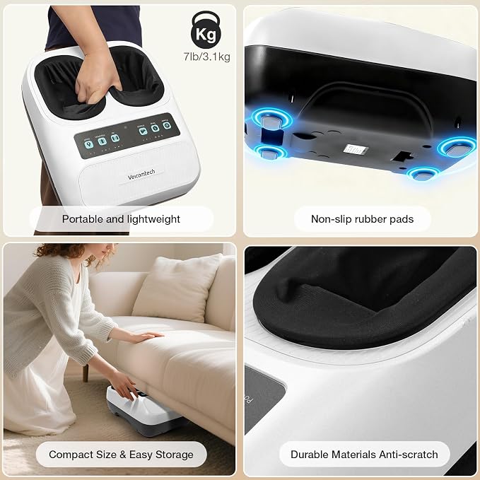 veicomtech Foot Massager with Heat, Electric Foot Massager Machine for Plantar Fasciitis Neuropathy with Remote Control, Adjustable Vibration and Compression(White)