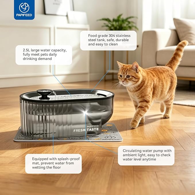 PAPIFEED Automatic Cat Feeder and Water Fountain Stainless Steel, WiFi Timed Auto Cat Feeder with Camera & App, Cat Food & Water Dispenser, Quiet Pet Drinking Fountain with LED, Smart Dog Feeder Set