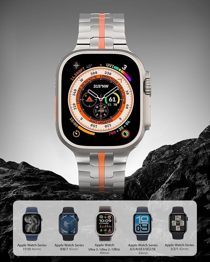 Upgraded Titanium Band Compatible with Apple Watch Band Ultra 3/Ultra 2/Ultra 49mm,Series 11/10 46mm,9/8/7 45mm,SE3/SE2/SE/6/5/4 44mm,3/2/1 42mm,Lightweight Durable Large Strap,Titanium/Orange