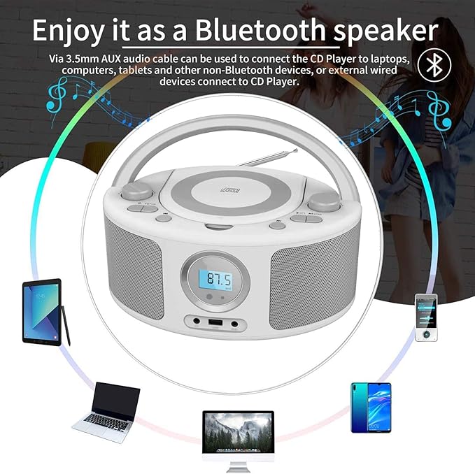 Portable CD Player Boombox with Bluetooth, FM Radio, Remote Control, USB Port and 3.5mm AUX Headphone Jack, Clear Stereo Sound, 4 Watts of Audio, AC/Battery Powered