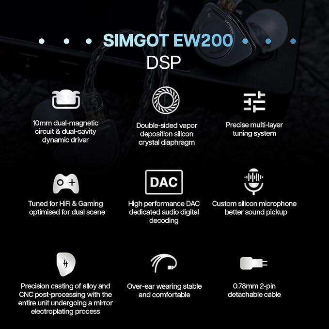 Linsoul SIMGOT EW200 10mm SCP Diaphragm Dynamic Driver in-Ear Earphones with All Metal Body, Detachable 0.78mm 2pin Silver-Plated OFC Cable for Audiophiles Musicians (EW200 DSP)