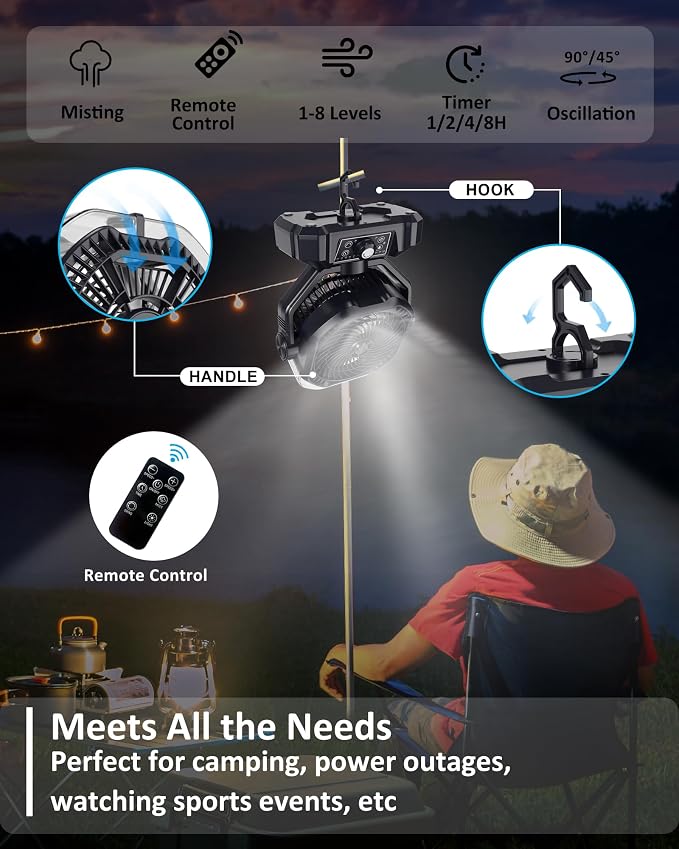 Portable Rechargeable Misting Fan with 12oz Water Tank, Auto Oscillating, Remote, Timer, Light, 8 Speeds, 9-Inch, 20000mAh 120H Battery Powered Mist Fan for Camping, Travel, Worksite, Poweroutage