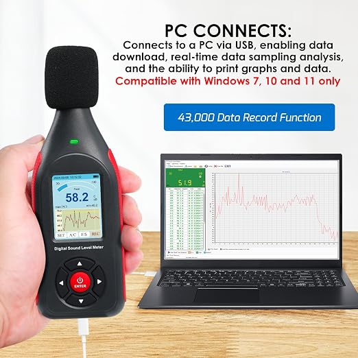 Decibel Meter Data Logger Digital Sound Decibel Meter, Sound Level Meter with 43,000 Data Record & Export, Rechargeable Noise Meter with A/C Frequency&DC Output, 3-Color Alarm, Real Time Measurement