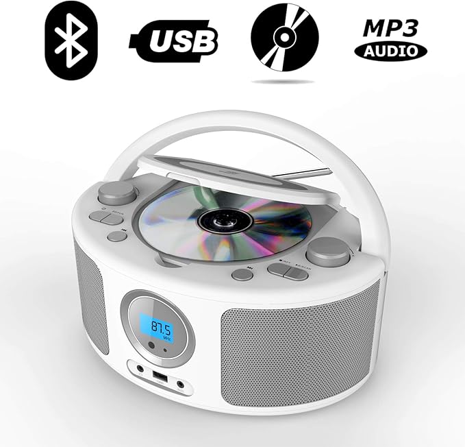 Portable CD Player Boombox with Bluetooth, FM Radio, Remote Control, USB Port and 3.5mm AUX Headphone Jack, Clear Stereo Sound, 4 Watts of Audio, AC/Battery Powered