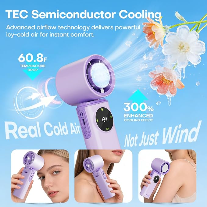 6000mAh Portable Handheld Fan with Ice Cooling, 199 Levels Stepless Speed, 20H Long Battery Life, 20000RPM Turbo Fan Rechargeable Personal Mini Fan for Travel, Outdoor, Makeup (Purple)