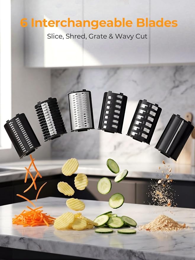FOHERE Upgraded Electric Cheese Grater, 300W DC Motor Salad Shooter, 6-in-1 Electric Vegetable Slicer Shredder with Widened Feeding Port for Block Cheese, Vegetables Nuts, One-Touch Control