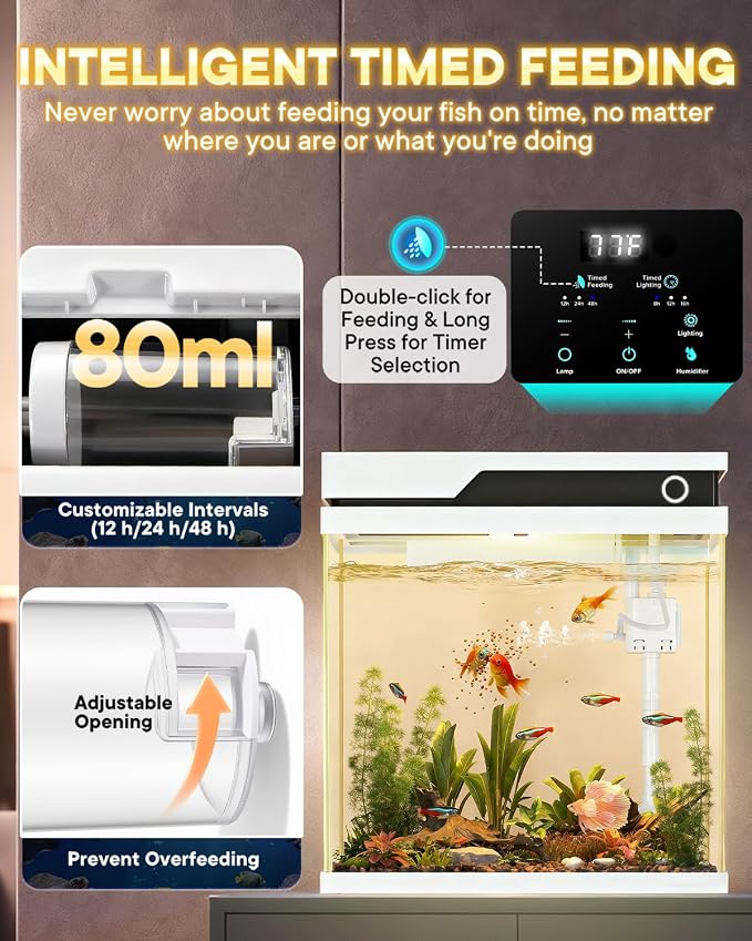 Vehipa Fish Tank, Smart Fish Aquarium Kit 4.2 Gallon with Auto Feeder, 4-in-1 Silent Pump, Adjustable Lighting, Temperature Display & Humidifier for Desktop, Office, Room