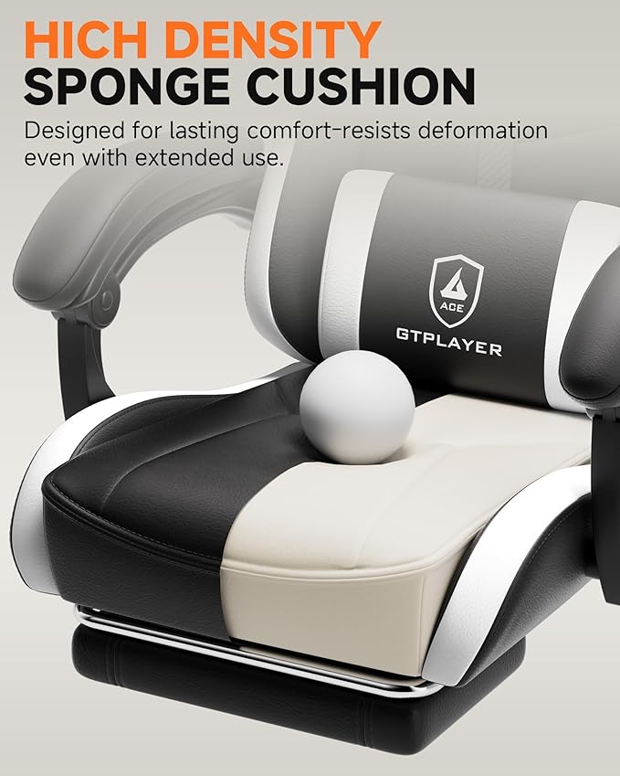 GTPLAYER Gaming Chair, Ergonomic Computer Office Chairs for Adults with Footrest, Height Adjustable, Linkage Armrests, 90-155° Recline & Headrest Lumbar Support, Black & White