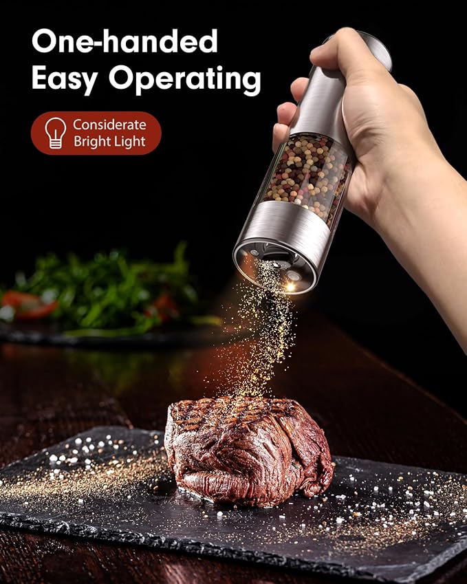 TOMEEM Upgraded Larger Capacity Electric Salt and Pepper Grinder Set Rechargeable with LED lights, Stainless Steel Automatic Pepper and Salt Grinder Refillable with 5 Adjustable Coarseness