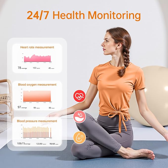 Smart Ring for Women & Men, Health Tracker Ring with Heart Rate, Blood Oxygen,Blood Pressure, IP68 Waterproof Fitness Ring, Sleep Tracker for iPhone and Android, No APP Fee (Orange, 6#)