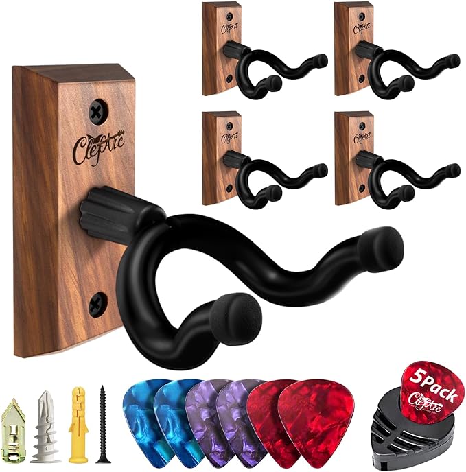 Black Guitar Wall Mount 5 Pack, Picks and Pick Holders, Black Walnut