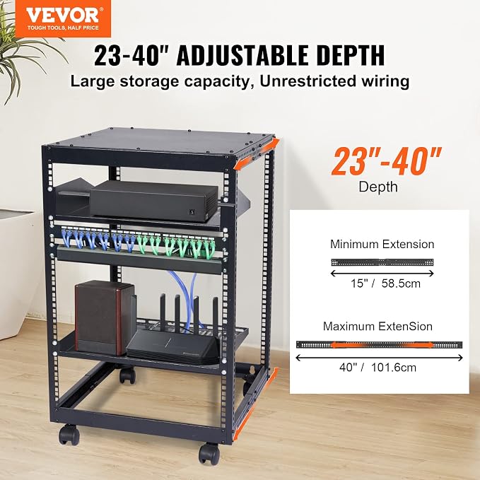 VEVOR 15U Open Frame Server Rack, 23''-40'' Adjustable Depth, Free Standing or Wall Mount Network Server Rack, 4 Post AV Rack with Casters, Holds All Your Networking IT Equipment AV Gear Router Modem