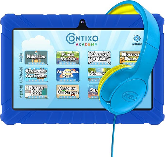 Contixo 7 Kids Tablet Bundle - Learning Tablets and Headphones for Kids, Includes 14 Teacher's Approved Apps, 7-inch HD, Ages 3-7, Parental Control, Android 11, 32GB, WiFi - Dark Blue (Boys Gift)