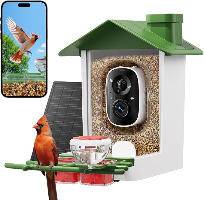 Bird Feeder with Camera, 2K HD Smart Birds Feeder with Solar Panel, AI Bird-Recognition, Instant Motion Alerts, Auto Capture BirdVideos, Outdoor Birdhouse Feeder Gift for Bird Lovers