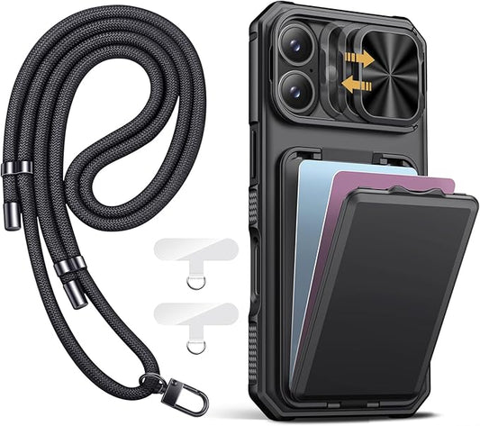 SSLOTSCASE for iPhone 17 Case with Phone Lanyard Crossbody (2X Tabs), Card Holder & Kickstand & Slide Camera Lens Cover & Camera Stand & Wallet, Rugged Durable Case Cover for iPhone 17 5G 2025, Black