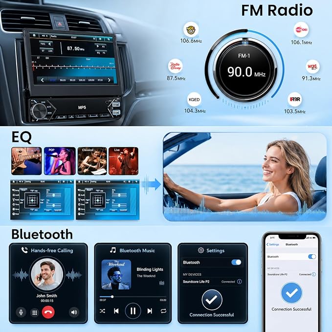 7 Inch Flip Out Touchscreen Car Stereo-Single DIN with Bluetooth 5.0, Mirror Link, Backup Camera & Type-C Fast Charging | Compatible with Most Vehicles