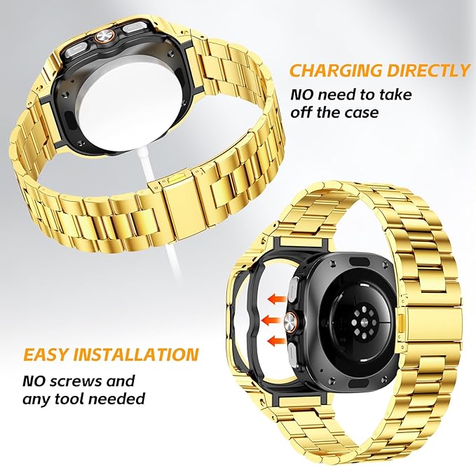 SUPLINK Stainless Steel Case and Band Compatible with Samsung Galaxy Watch Ultra Bands Men(2025/2024),Rugged Protective Case Bumper Metal Adjustable Bands for Samsung Watch Ultra Band 47mm,Gold