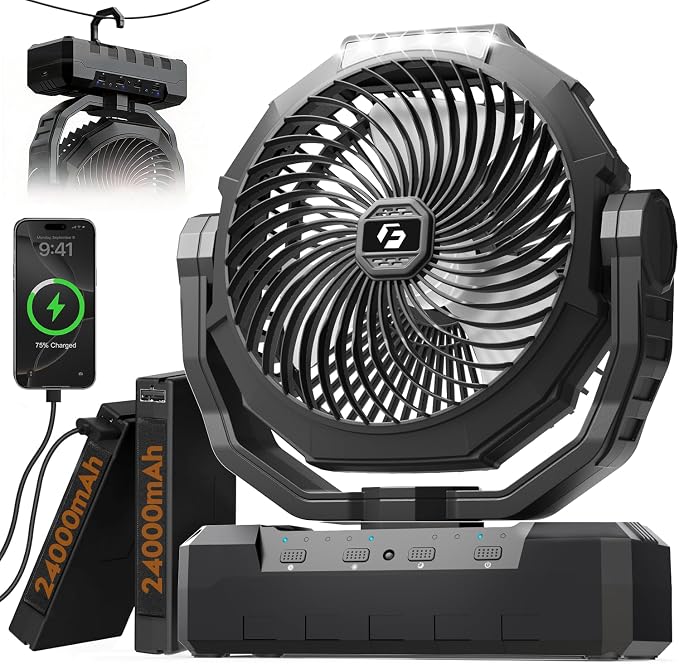 3-in-1 Camping Fan - 48000mAh Detachable Portable Fan Rechargeable with Light & Hook, Battery Powered Fans for Outdoor, Indoor, Tent, Fishing, Travel, Hurricane, Summer Gifts for Men - Black