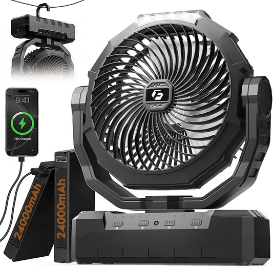 3-in-1 Camping Fan - 48000mAh Detachable Portable Fan Rechargeable with Light & Hook, Battery Powered Fans for Outdoor, Indoor, Tent, Fishing, Travel, Hurricane, Summer Gifts for Men - Black