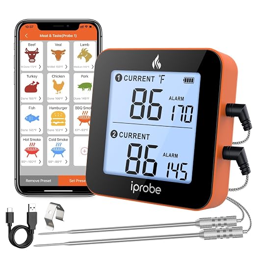 600 ft Range Digital Wireless Meat Thermometer with 2 Probes - Bluetooth & Rechargeable for Grilling Smoker Turkey, Fish, Beef