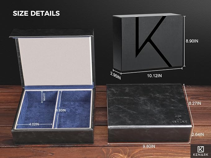 KK7 PLUS-DB Faraday Key Fob Protector Box with 2 Slots, RFID Signal Blocking Shielding Box for Car Keys, Anti-Theft Vintage Faraday Cage with High-Grade Protein Leather, Black & Blue - Size: XL