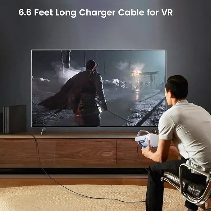 PD 65W USB C Super Fast VR Charger Compatible with Meta Oculus Quest 3s, Quest 3 2 - Dual Port USB + Type C Adapter with 6.6ft C to C Charging Cable for Pico 4 Ultra VR Headsets, Black