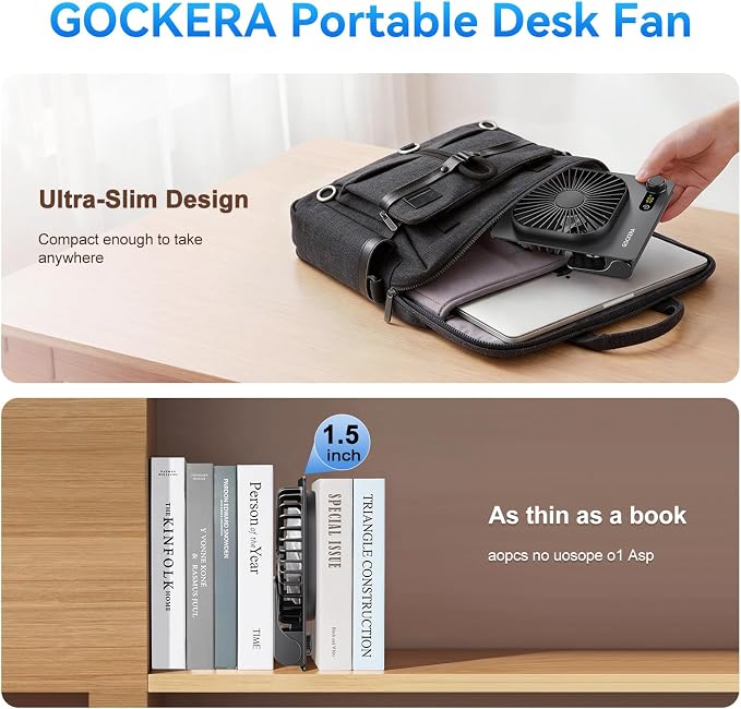 GOCKERA Desk Fan, 6.61''Ultra-thin Battery Powered Fan with Powerful Wind,100 Speeds Adjustable&Digital Display,Timer,Ultra-quiet Small Portable Fan for Bedroom,Office,Travel (Black, 5000mAh)